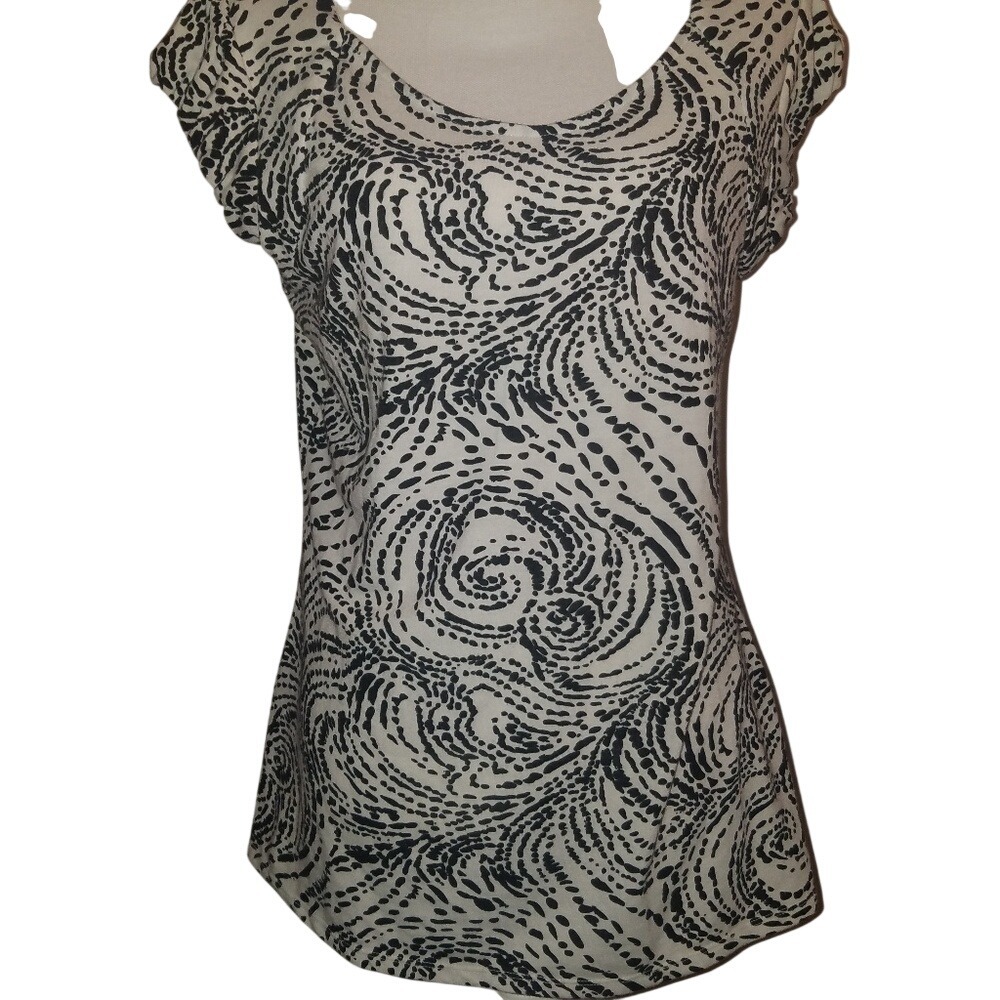 Merona Women's Black White Swirl Print Cap Sleeve Tunic Top Size L